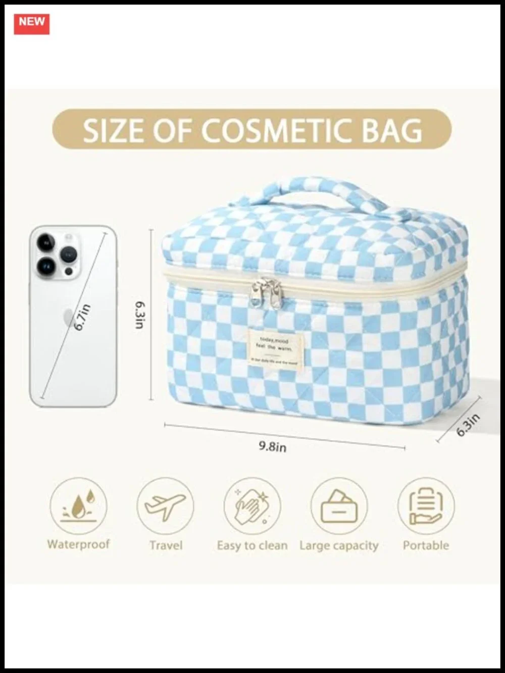 Quilted Cotton Makeup Bag - Checkered Cosmetic Organizer with Zipper - Travel